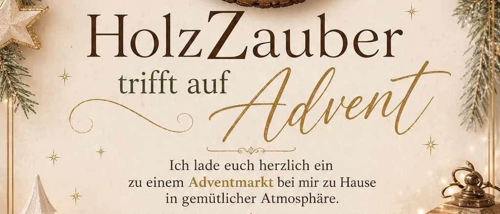 Ein Werbeplakat für HolzZauber Advent, mit einem Holzstamm, Logo, Weihnachtsbäumen und Dekorationen.