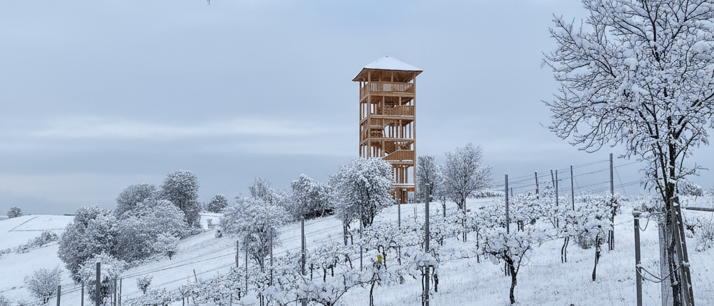 Ein hölzerner Turm steht auf einem verschneiten Hügel mit kahlen Bäumen und bietet eine Panoramaaussicht unter einem teilweise bewölkten Himmel.