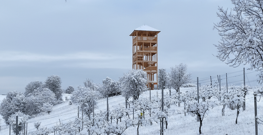 Ein hölzerner Turm steht auf einem verschneiten Hügel mit kahlen Bäumen und bietet eine Panoramaaussicht unter einem teilweise bewölkten Himmel.