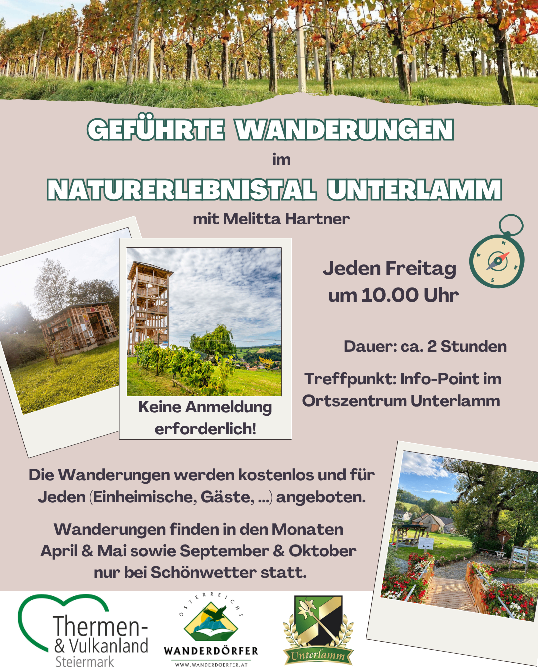 Plakat für geführte Wanderungen im Naturerlebnis Unterlamm. Geführt von Melitta Hartner, jeden Freitag um 10:00 Uhr, keine Anmeldung erforderlich. Dauer ca. 2 Stunden, Treffpunkt Info-Point im Ortszentrum Unterlamm. Kostenlos für alle. Wanderungen in April, Mai, September und Oktober.