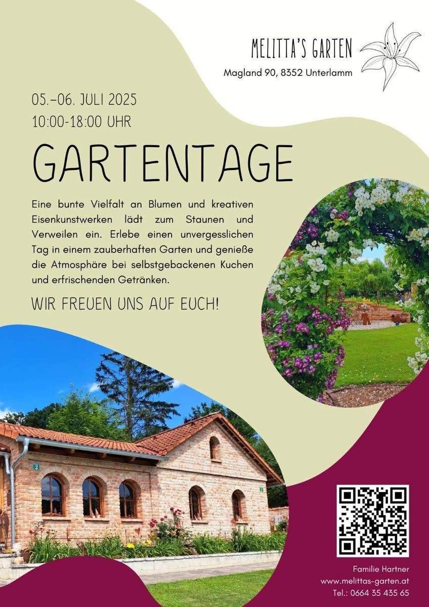 Gartenparty am 05.-06. Juli 2025 von 10:00 bis 18:00 Uhr. Genießen Sie eine bunte Vielfalt an Blumen und kreativen Eisenkunstwerken, begleitet von selbstgemachten Gerichten und Getränken. QR-Code für weitere Informationen.