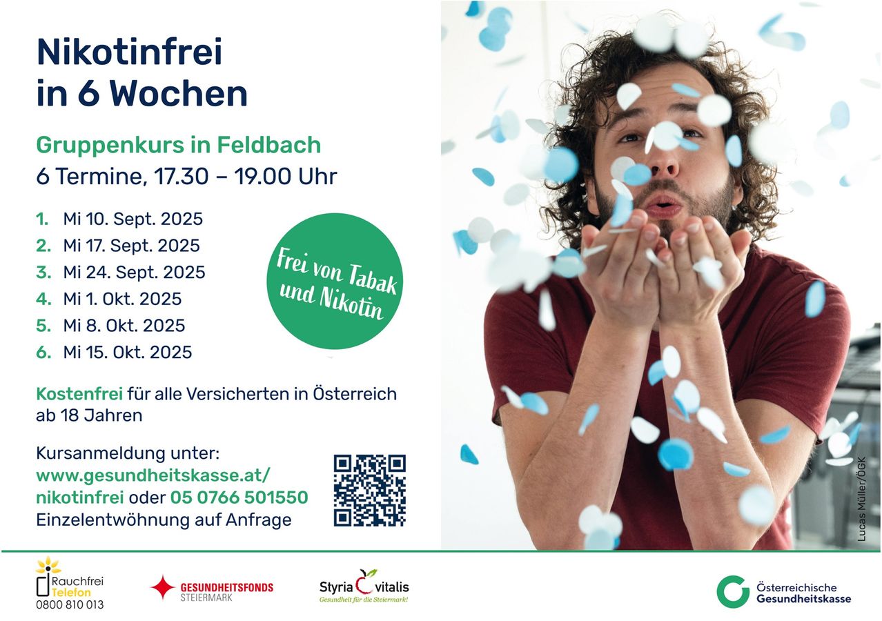 Plakat für kostenlose Kurse gegen Tabak und Nikotin in Feldbach, Österreich. Termine und Zeiten sind aufgeführt, zusammen mit einem QR-Code für die Anmeldung. Die Veranstaltung wird von der Gesundheitskasse und Styria Vitalis gesponsert.