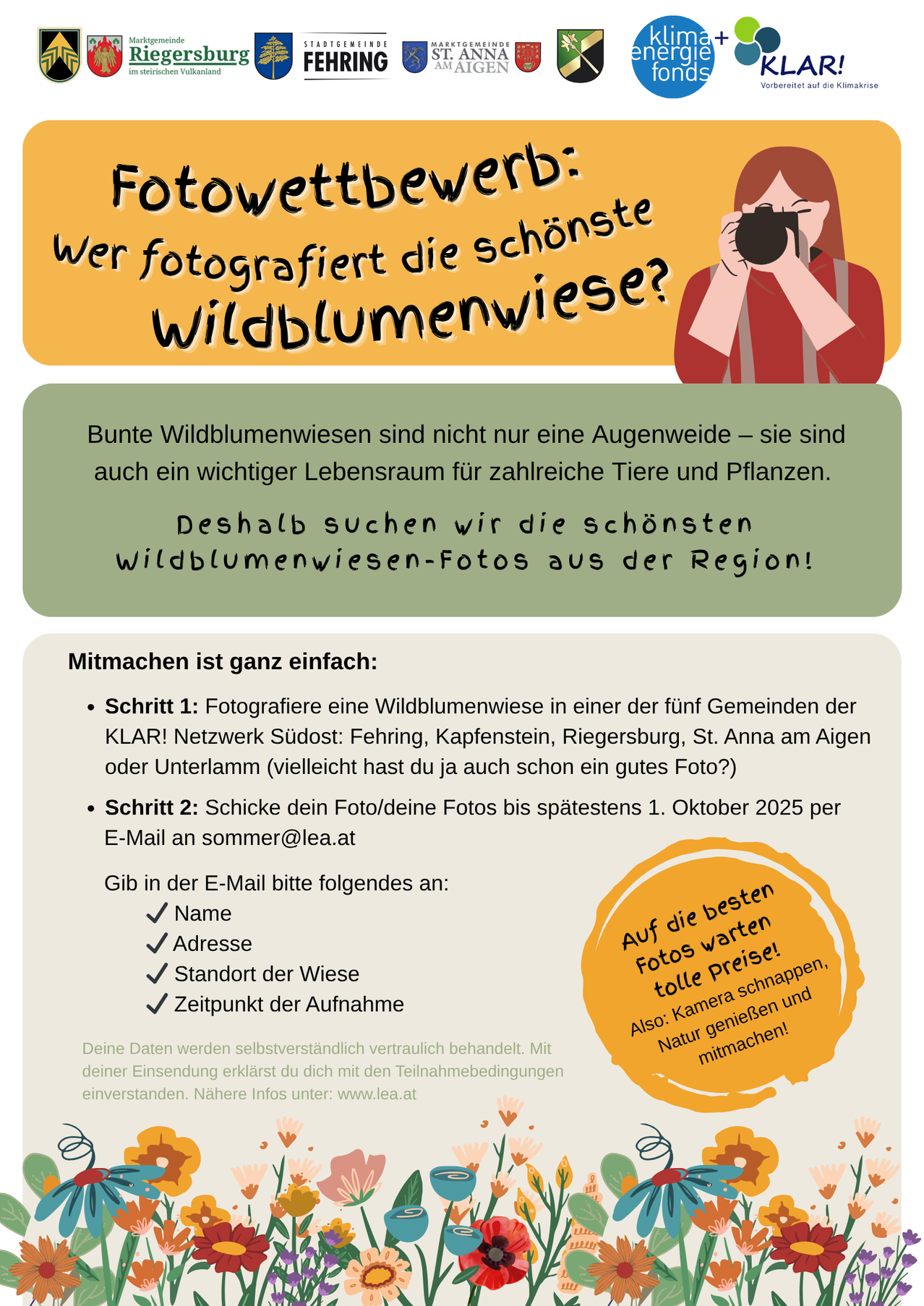 Aufruf zur Einsendung von Fotos von Wildblumenwiesen in fünf Gemeinden. Einsendeschluss ist der 1. Oktober 2025. Bitte Name, Adresse, Standort und Aufnahmezeit angeben. Ihre Daten werden sicher behandelt.