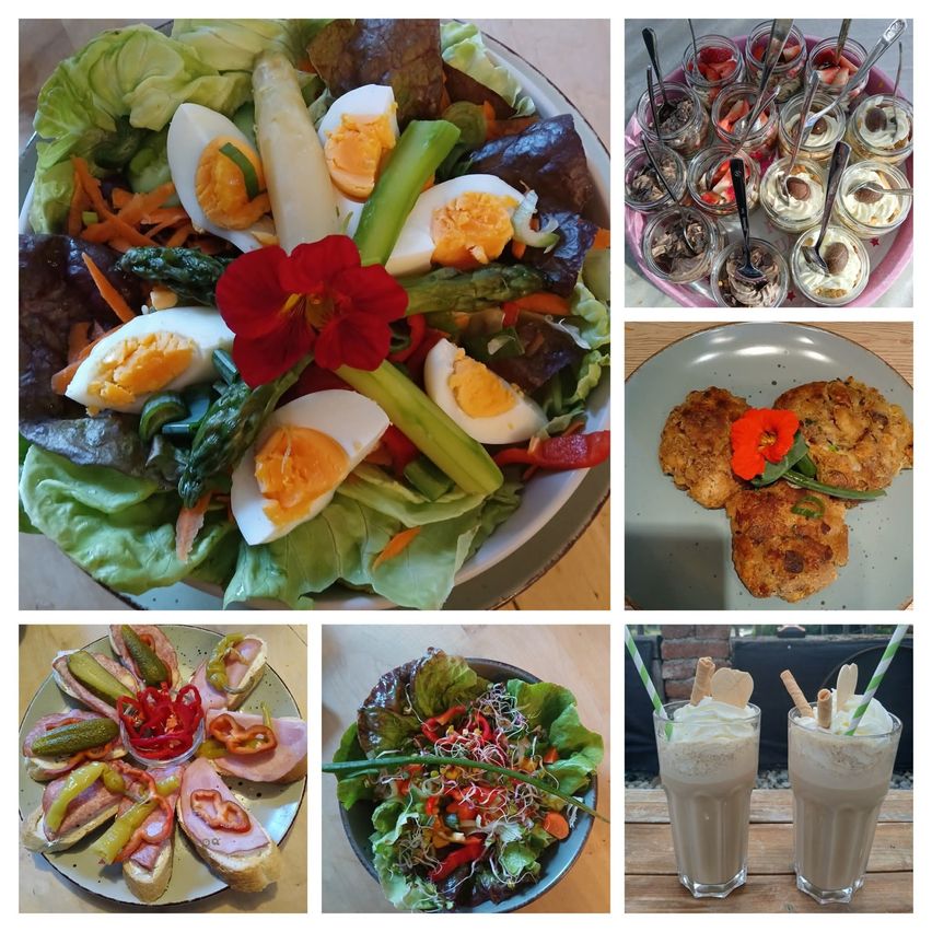 Eine Collage verschiedener Lebensmittel, darunter Salate, Sandwiches und Getränke. Der Salat besteht aus gekochten Eiern, Gemüse und einer Blume. Die Sandwiches enthalten Fleisch und Gemüse. Es gibt zwei Milchshakes.
