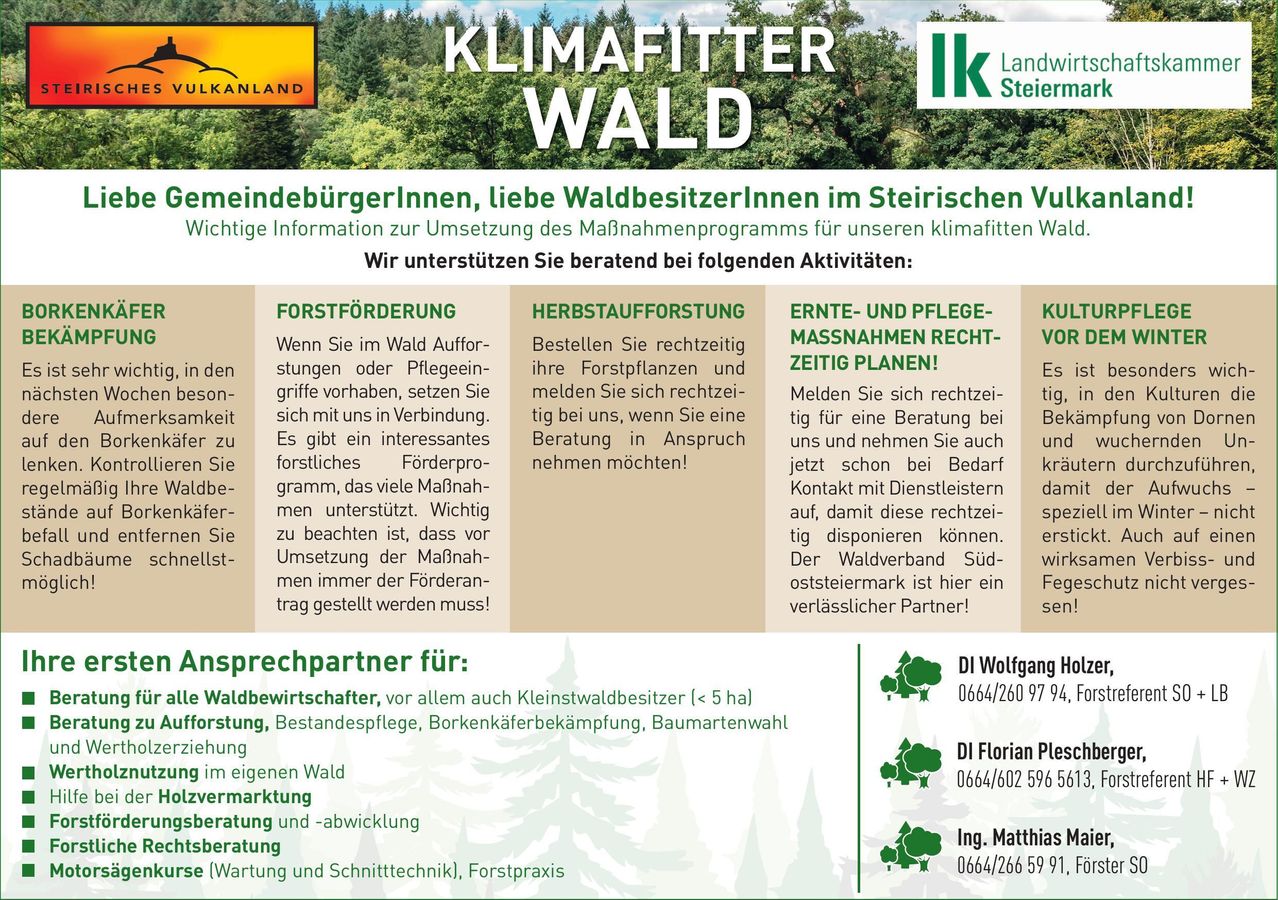 Das Bild zeigt einen Flyer über Waldbewirtschaftung in der Steiermark, Österreich. Es wirbt für Forstwirtschaft, Kräuteranbau, Ernteplanung und bietet Expertenberatung an. Es enthält Kontaktdaten für zwei Waldwirtschaftsexperten.