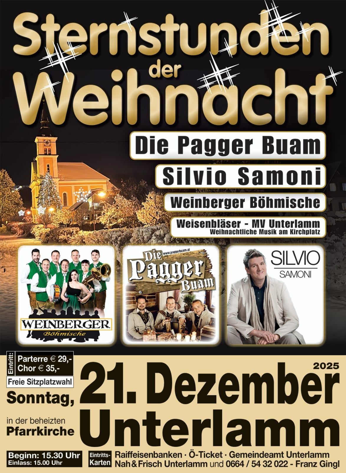 Werbeposter für eine Weihnachtsveranstaltung mit Die Pagger Buam, Silvio Samoni und Weingberger Böhmische. Die Veranstaltung findet am 21. Dezember 2025 statt.