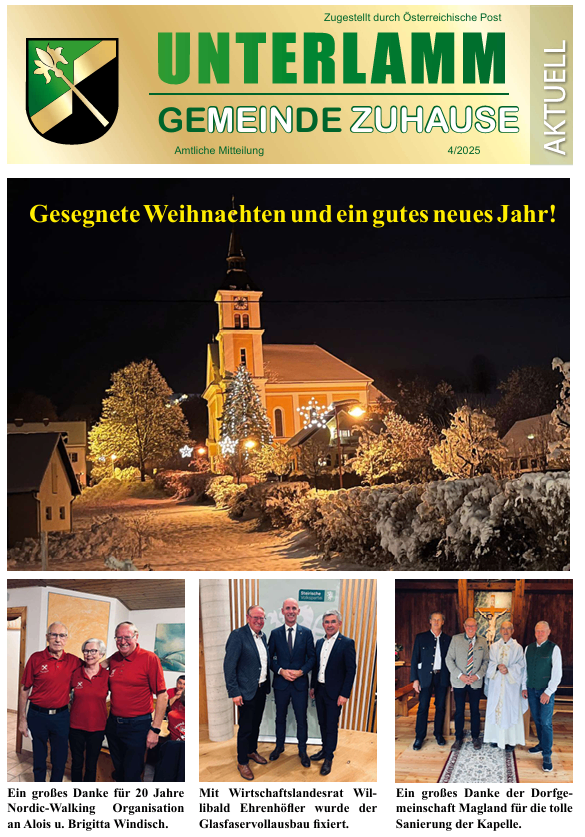 Eine Gemeindemitteilung von Unterlamm, die eine Kirche mit Weihnachtsbeleuchtung, eine Gruppe von Männern in Anzügen und einen Priester zeigt, mit dem Wunsch nach einem gesegneten Weihnachten und einem guten neuen Jahr.