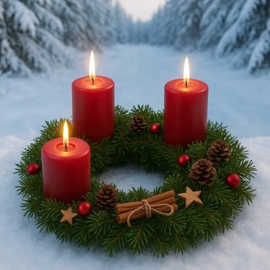 Drei rote Kerzen brennen auf einem Kranz mit Tannenzapfen, Zimtstangen und Sternen vor einem verschneiten Hintergrund.