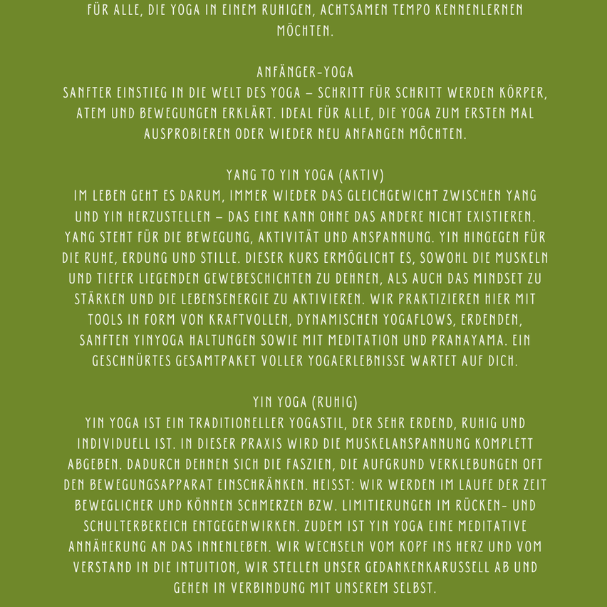 Anfänger-Yoga ist ein sanfter Einstieg in die Welt des Yoga. Es erklärt Schritt für Schritt Körper, Atem und Bewegungen. Yang zu Yin Yoga ist ein aktiver Stil, der Bewegung und Stille ausbalanciert, mit dynamischen Flows, Yin-Haltungen und Meditation.