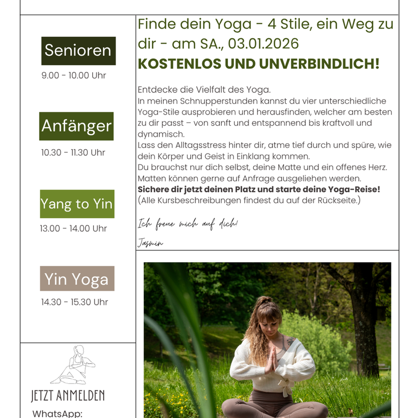 Yoga-Veranstaltungsposter für Senioren, Anfänger und Yin-Yoga. Zeiten sind 9:00-10:00, 10:30-11:30, 13:00-14:00 und 14:30-15:30. Melden Sie sich über WhatsApp an.