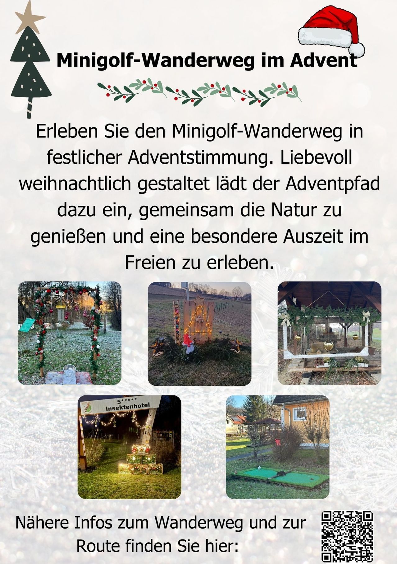 Ein Bild zeigt vier Collagen eines Winterwunderlands. Erstens, ein verschneiter Weg mit einem Torbogen, der mit Weihnachtslichtern geschmückt ist. Zweitens, ein Weihnachtsbaum auf einem Feld mit einem Haus im Hintergrund. Drittens, ein Pavillon, der mit Weihnachtslichtern und Ornamenten geschmückt ist. Viertens, ein verschneiter Golfplatz mit einem Haus im Hintergrund.