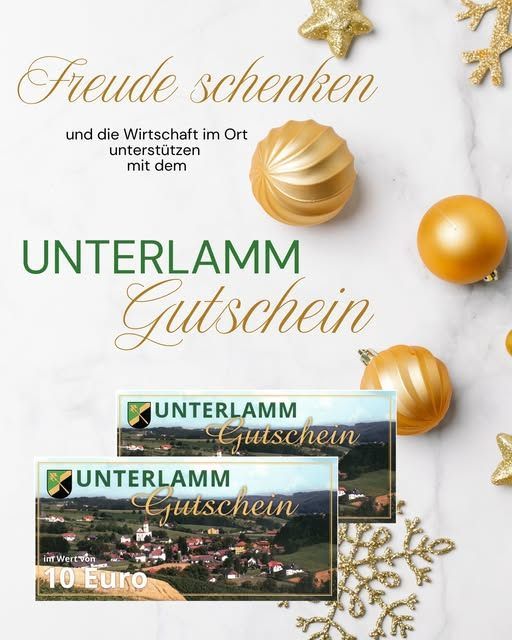 Ein weißer Marmorhintergrund mit goldenen Ornamenten und zwei Unterlamm-Geschenkgutscheinen im Wert von je 10 Euro, gedacht zur Unterstützung lokaler Unternehmen.