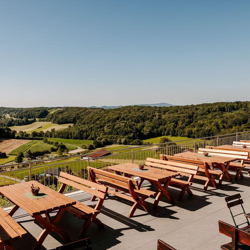 Eine Dachterrasse mit Holztischen und Bänken bietet einen Blick auf eine üppige, grüne Landschaft mit sanften Hügeln und einem klaren blauen Himmel.