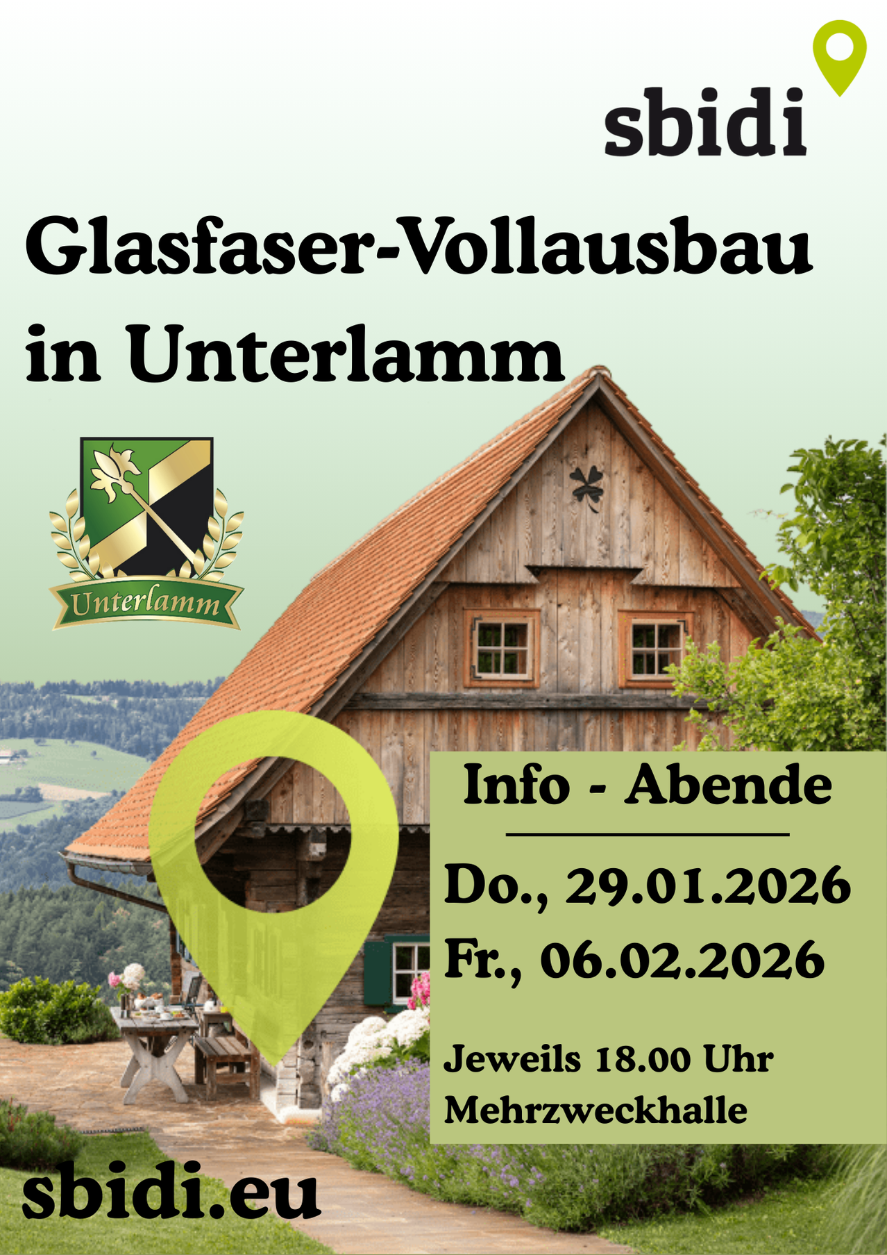 Ein Bild eines Hauses mit einem grünen Dach und Fenstern. Unter dem Haus befinden sich Textbeschriftungen mit Datum und Uhrzeit, darunter 'Do., 29.01.2026' und 'Fr., 06.02.2026'. Der Hintergrund ist grün mit einem Logo auf der linken Seite.