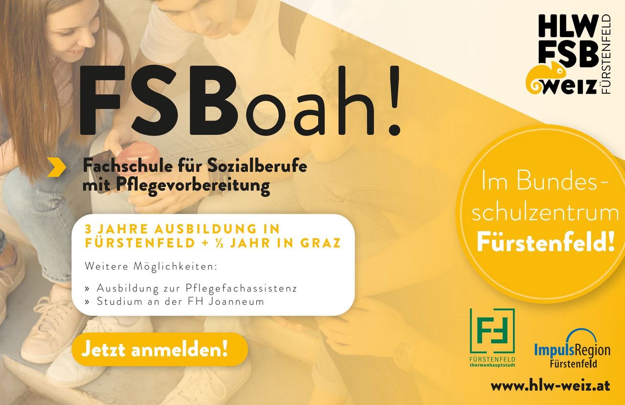 Poster advertising for the School for Social Professions, showing two individuals, one holding a ball. The text invites enrollment for further training in Fürstenfeld.
