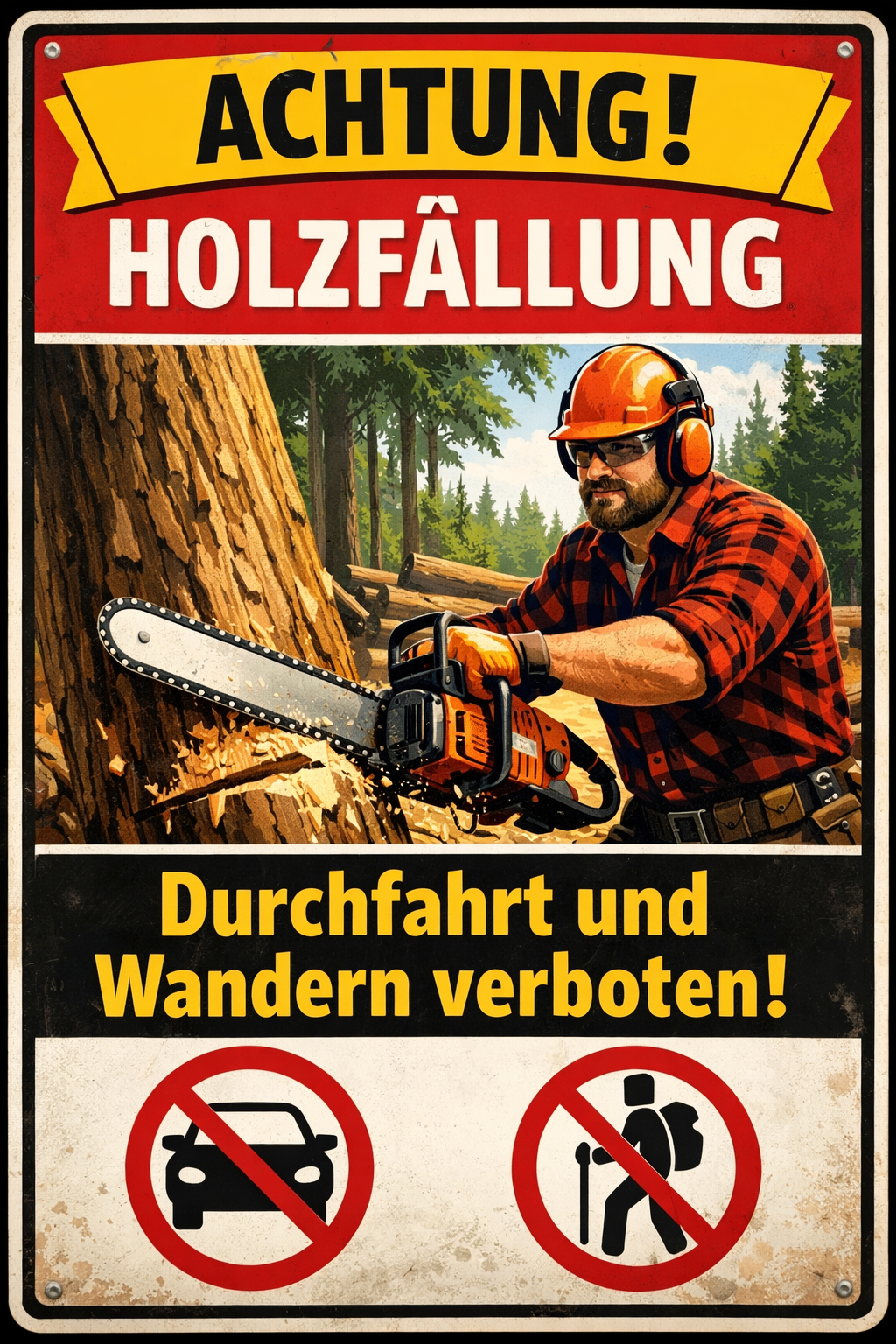 Illustration of a man using a chainsaw to cut down a tree. The sign reads Holzfallung, Durchfahrt und Wandern verboten. Two prohibition signs are also visible.