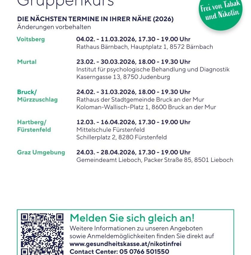 Plakat mit bevorstehenden kostenlosen Kursen zur Nikotinentwöhnung im Jahr 2026, einschließlich Orte und Daten. Es enthält einen QR-Code für die Anmeldung.