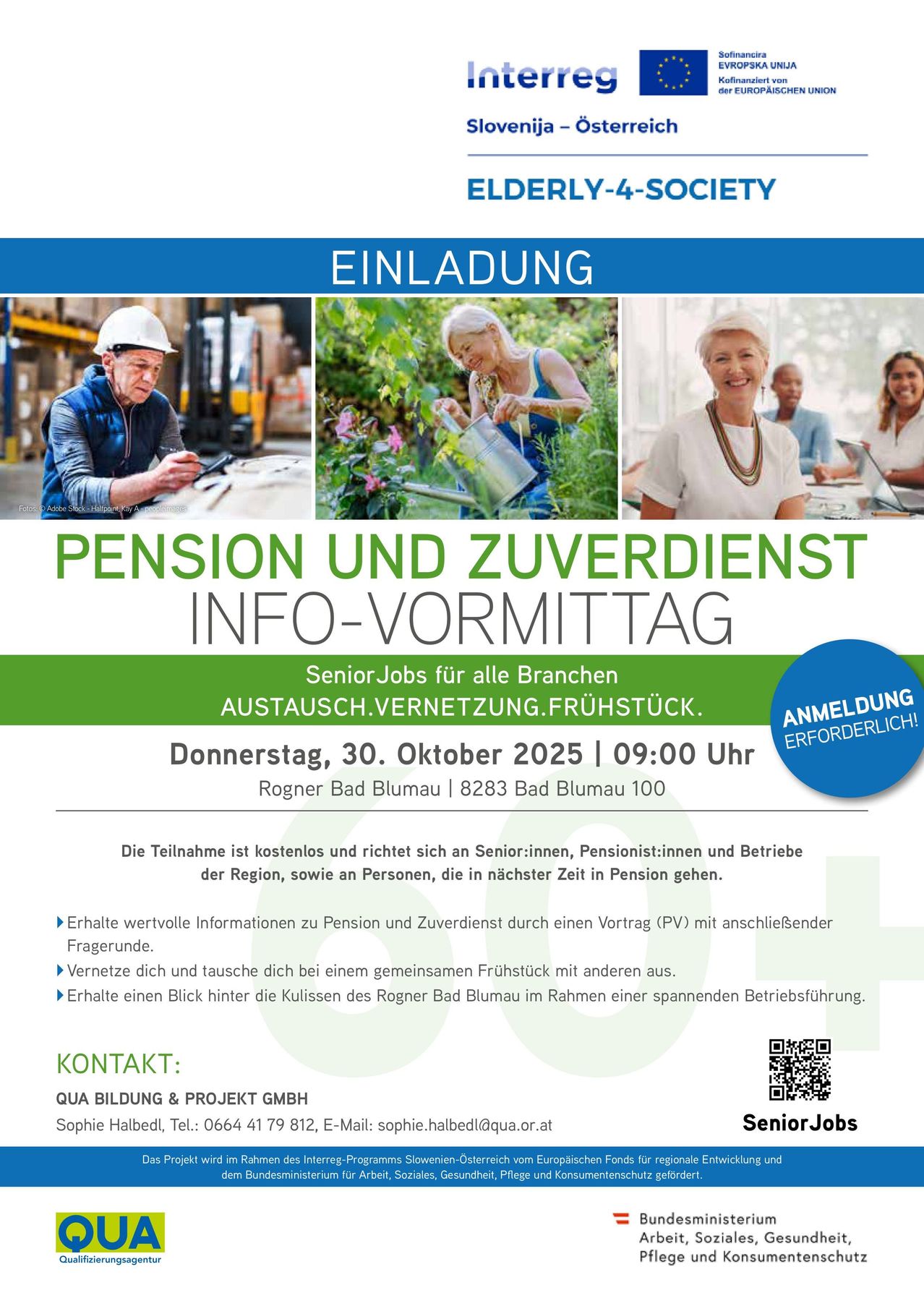 Ein Einladungsposter für einen Pensions- und Zusatzleistungs-Info-Mittag. Der Termin ist Donnerstag, 30. Oktober 2025, um 9:00 Uhr. Es enthält einen QR-Code für die Anmeldung. Die Veranstaltung steht Senioren, Rentnern und Unternehmen in der Region offen. Es verspricht wertvolle Informationen zu Renten und Zusatzleistungen.