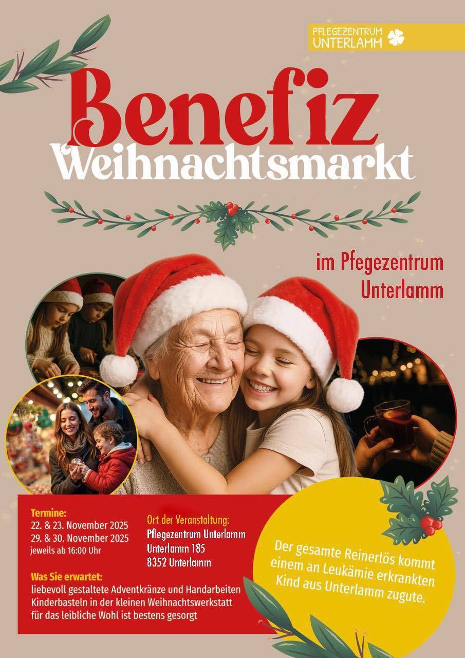 Plakat für den Beneluz Weihnachtsmarkt. Eine ältere Frau und ein junges Mädchen mit Weihnachtsmützen umarmen sich. Verschiedene Weihnachtsszenen und Menschen im Hintergrund. Termine und Zeiten für die Veranstaltung sind angegeben.