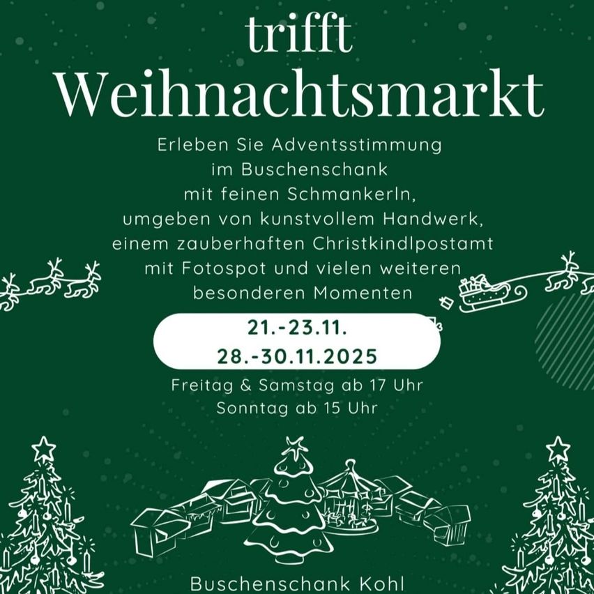 Plakat für einen Weihnachtsmarkt in Busenhausen. Termine sind vom 21. bis 23. November 2025 und vom 28. bis 30. November 2025. Öffnungszeiten sind sonntags ab 17 Uhr und freitags und samstags ab 17 Uhr. Enthält ein festliches Weihnachtsbaumdesign.