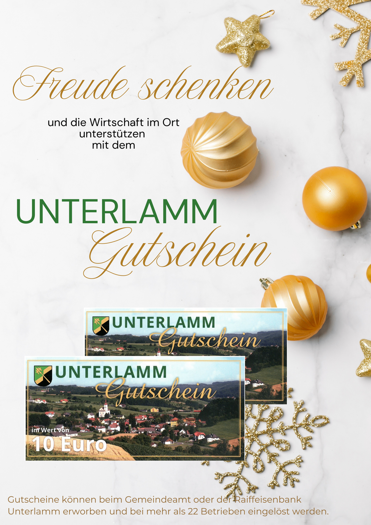 Eine Werbung für Unterlamm-Gutscheine zeigt ein Landschaftsfoto und goldene Ornamente. Es steht 'Freude schenken und die Wirtschaft im Ort unterstützen mit dem Unterlamm-Gutschein'. Die Gutscheine kosten 10 Euro.