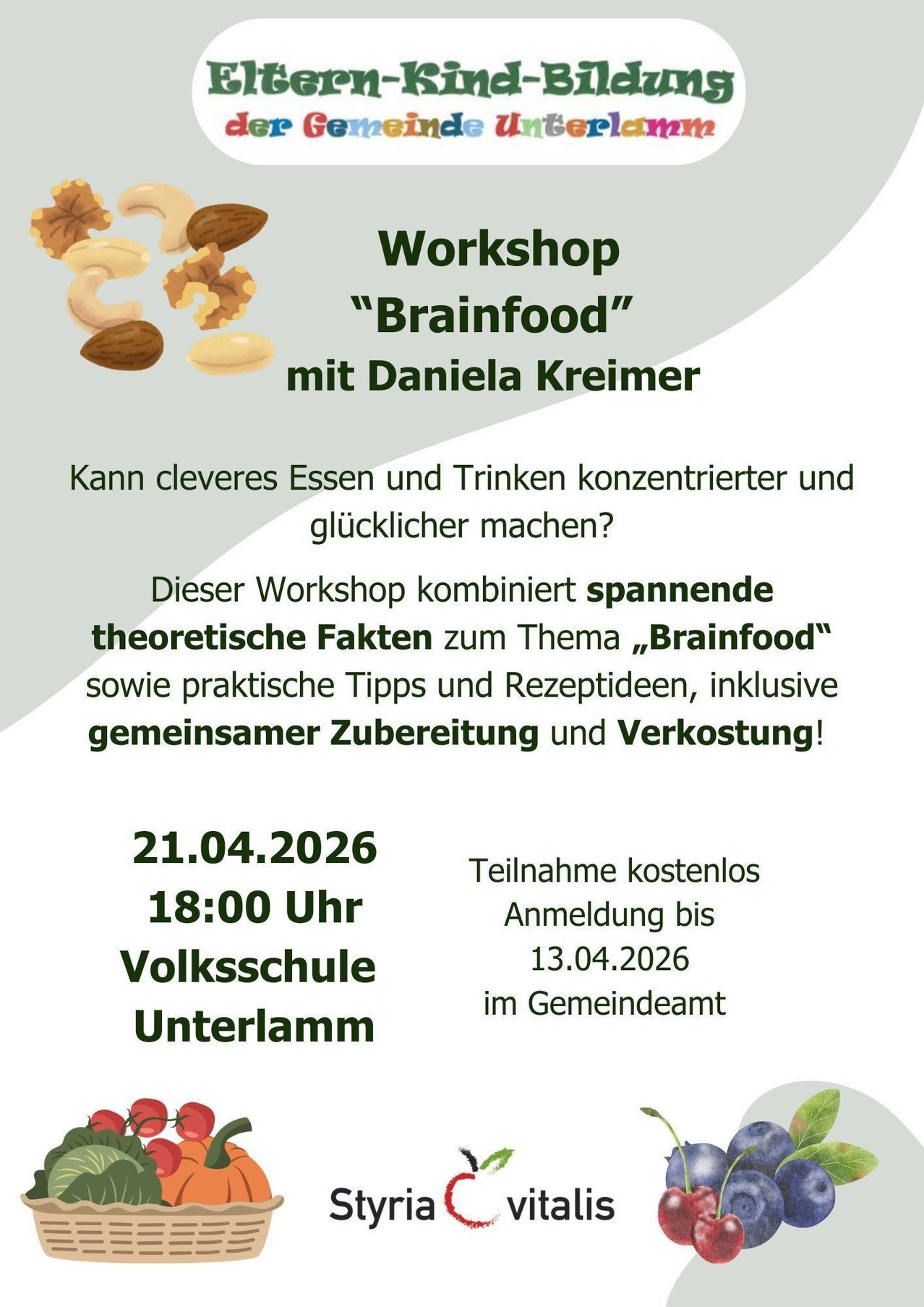 Workshop "Brainfood" with Daniela Kreimer. Can smart eating and drinking make you happier and more focused? This workshop combines engaging facts on brain food with practical tips and recipes, including preparation and tasting together. April 21, 2026, 6:00 PM. Free admission. Registration until April 13, 2026.