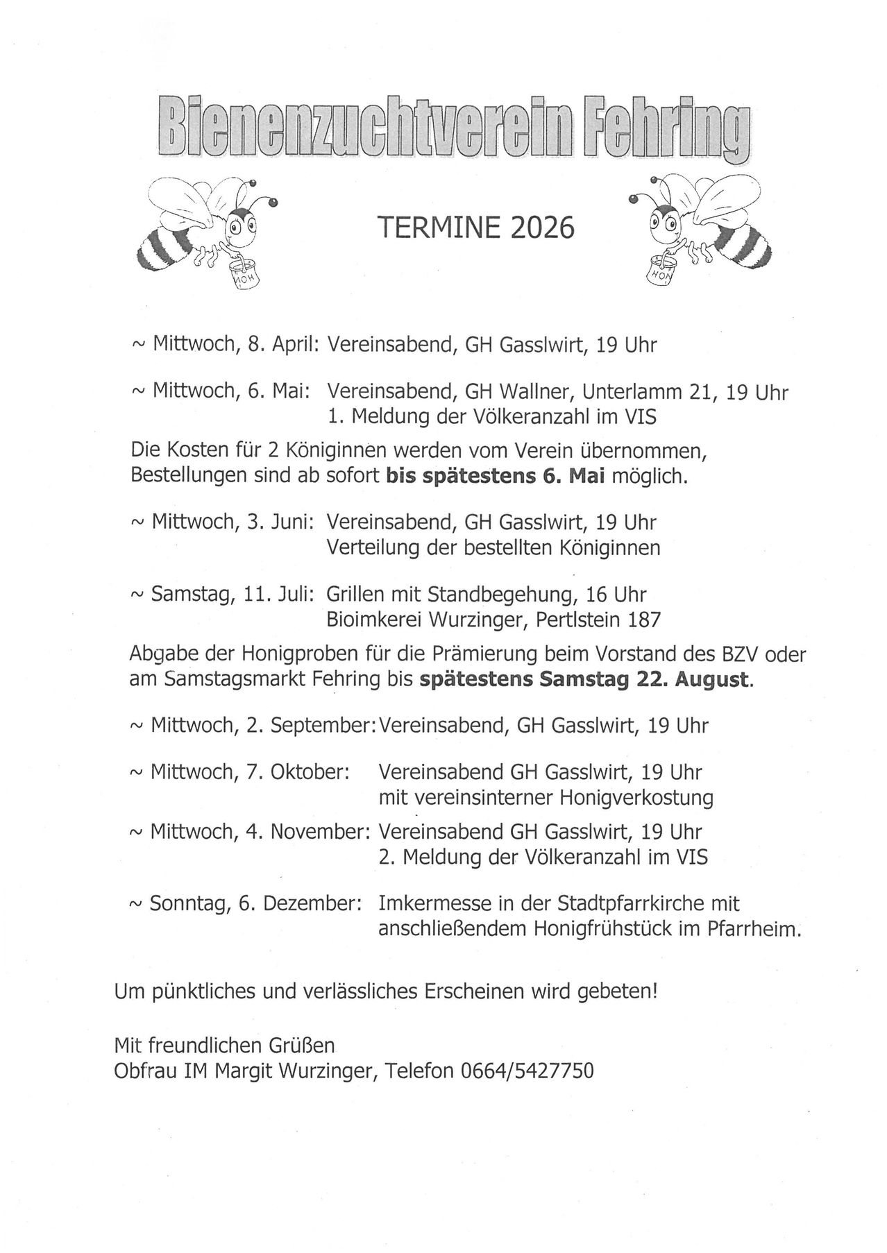 An image displays a calendar for the TERMINE 2026 bee club meetings. The schedule includes various meeting dates, locations, and activities. The meetings cover topics like the presentation of bee counts and honey tasting. The image encourages punctual and reliable attendance.