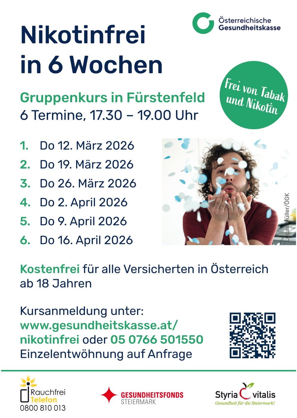 A flyer advertises a free smoking cessation group course in Furstenfeld, Austria, with six terms from March 12 to April 16, 2026, from 17:30 to 19:00. The flyer includes a QR code for registration and mentions cost-free participation for insured individuals over 18.