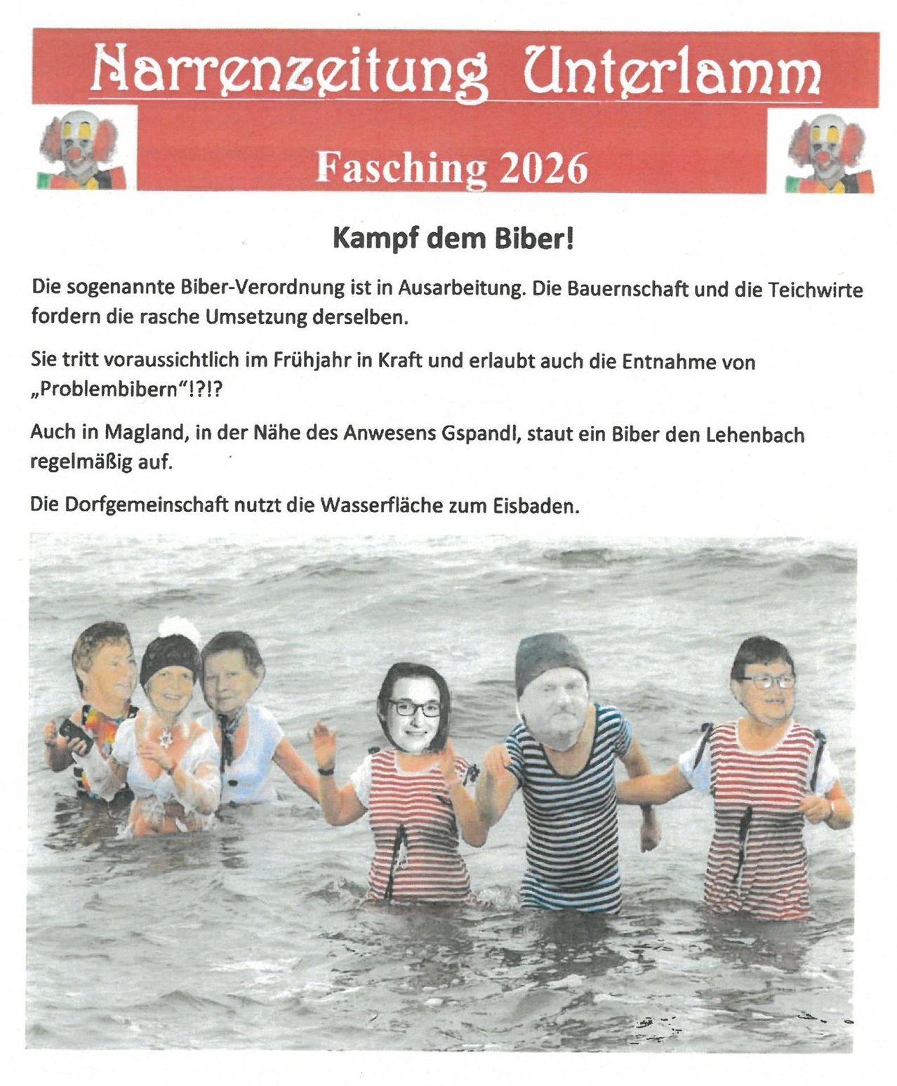 The poster reads 'Fasching 2026' with a clown illustration. It features a group of people in the water with masks, and text that reads 'Kampf dem Biber!' and 'Die Dorfgemeinschaft nutzt die Wasserflächen zum Eisbaden.'