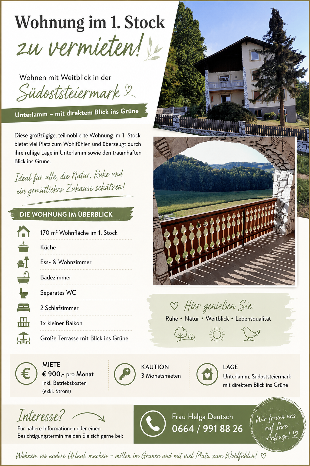 Eine Anzeige für ein geräumiges, voll möbliertes Haus in Unterlamm, Südsteiermark, mit direktem Blick auf die grüne Landschaft, mit Balkon, Küche, zwei Schlafzimmern, Bad, separatem WC und einer großen Terrasse. Das Haus bietet Ruhe und Natur.