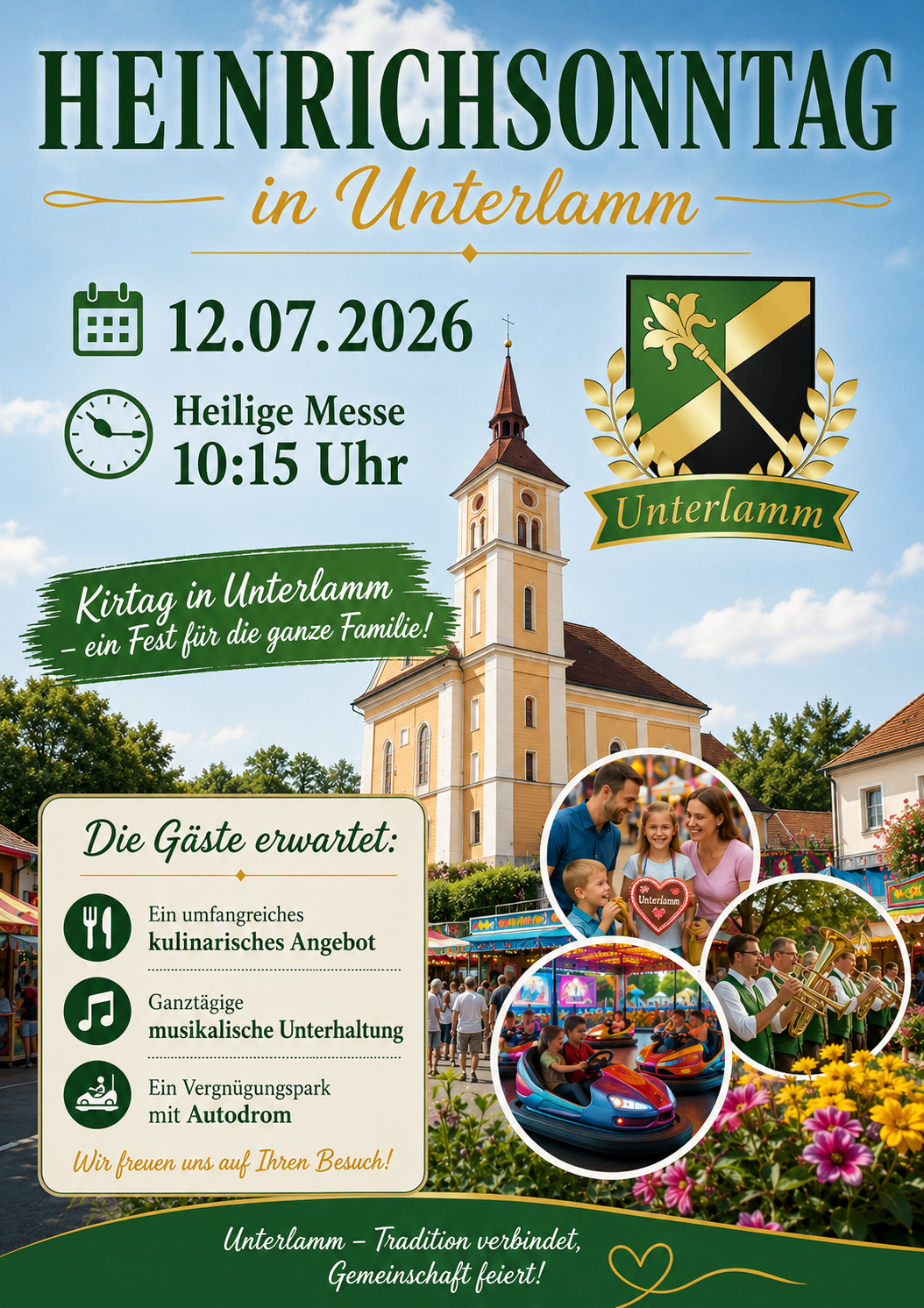 Das Plakat bewirbt ein Familienfest in Unterlamm am 12.07.2026 mit einer heiligen Messe um 10:15 Uhr. Es zeigt eine Kirche und ein Stadtwappen. Aktivitäten umfassen eine Vielzahl von Speisen, Musik und einen Vergnügungspark mit Autodrom.