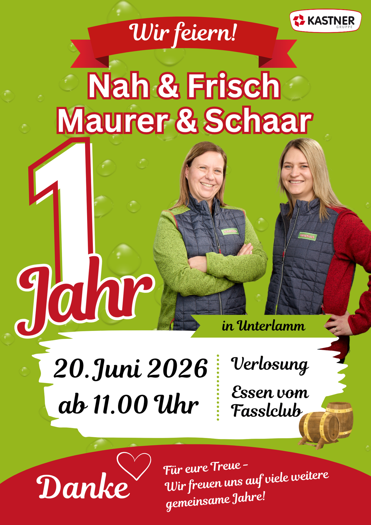 Zwei Frauen in Westen stehen vor einem grünen Hintergrund mit '1 Jahr'. Die Veranstaltung ist 'Nah & Frisch Maurer & Schaar' am 20. Juni 2026, Beginn um 11:00 Uhr.