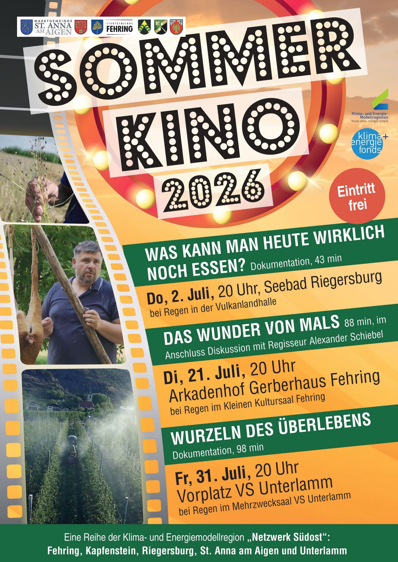 Poster for a film screening event, featuring three film titles, dates, and locations. First film is titled 'Was Kann Man Heute Wirklich Noch Essen?'. Second is 'Das Wunder von Mals'. Third is 'Wurzeln des Uberlebens'. Each has a different location and date.