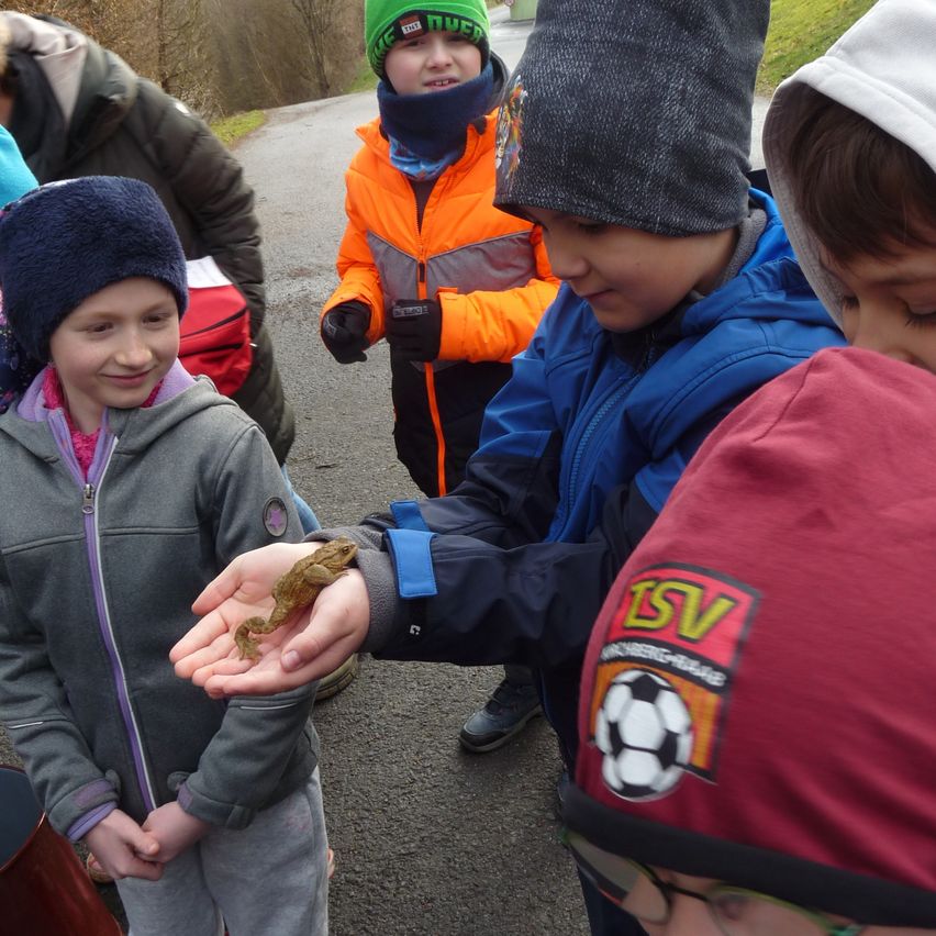 Mehrere Kinder in warmer Winterkleidung sind draußen. Ein junger Junge hält einen Frosch in der Hand. Die Gruppe schaut sich den Frosch an.