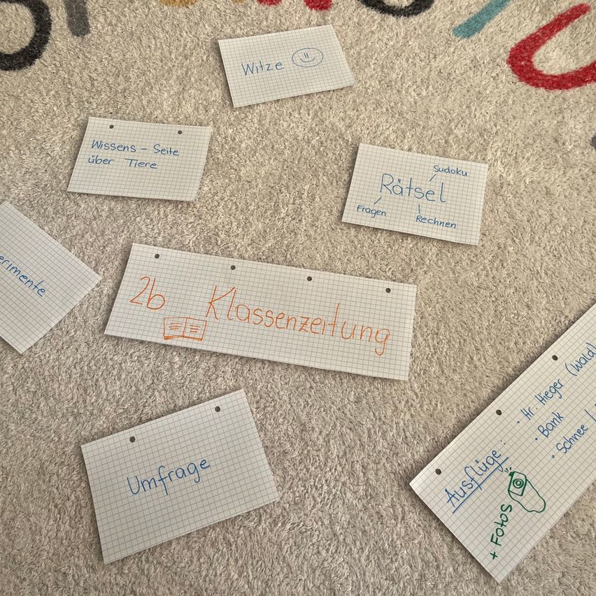 Various papers with handwritten German words are on a carpet. Words include 'Witze', 'Rätsel', 'Fragen', 'Rechnen', 'Klassifizierung', 'Umfrage', 'Ausflüge', and 'Bank'. Papers are in different sizes and colors.