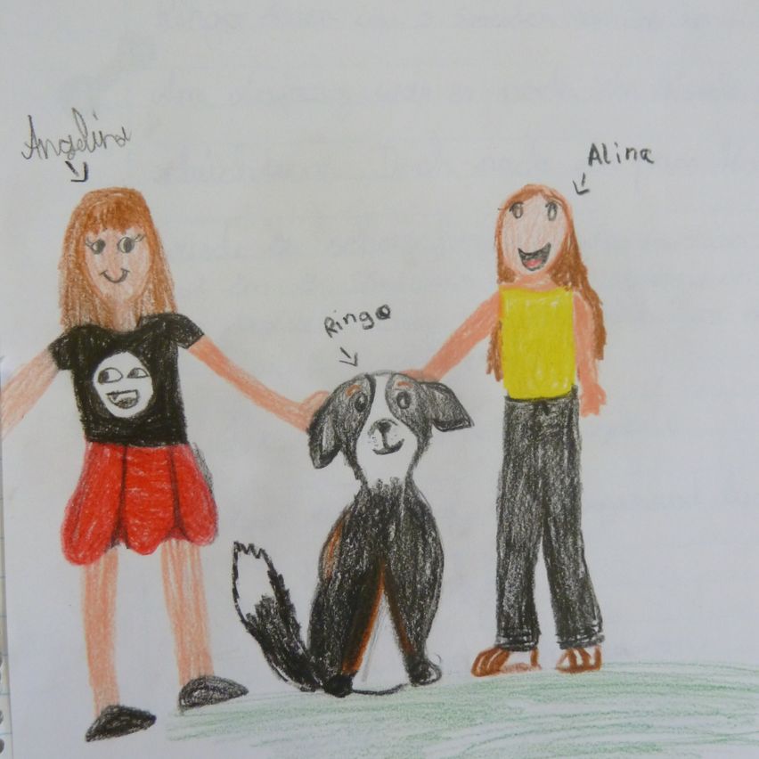 A drawing of two girls and a dog. The girl on the left is named Angeline and the girl on the right is named Aline. The dog is named Ringo.