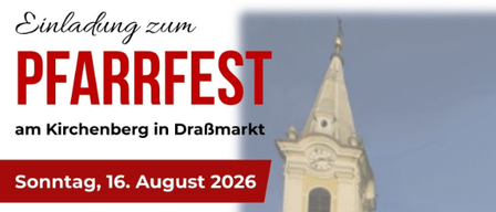 Plakat für ein Kirchenfest mit einem Kirchturm im Hintergrund, mit einem Zeitplan für eine Heilige Messe, Musik und einen Kinderbasar. Das Plakat ist auf Deutsch.