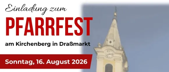 Plakat für ein Kirchenfest mit einem Kirchturm im Hintergrund, mit einem Zeitplan für eine Heilige Messe, Musik und einen Kinderbasar. Das Plakat ist auf Deutsch.