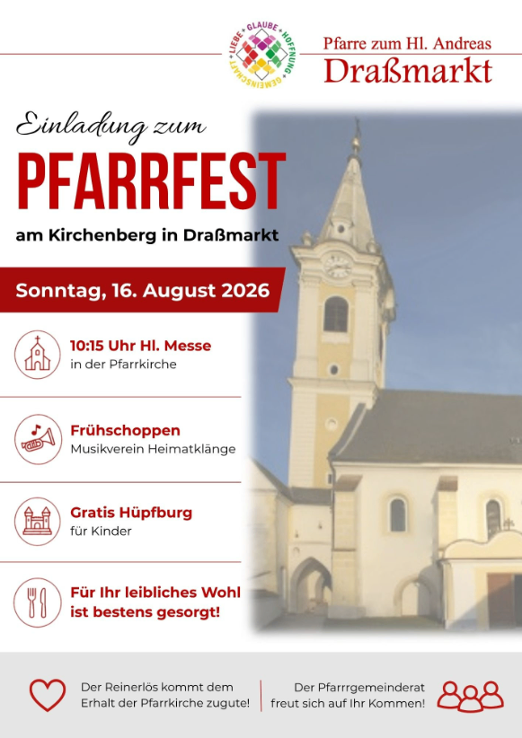 Plakat für Pfarrfest-Veranstaltung am 16. August 2026 mit einer Kirche, Zeitplan und Aktivitäten.