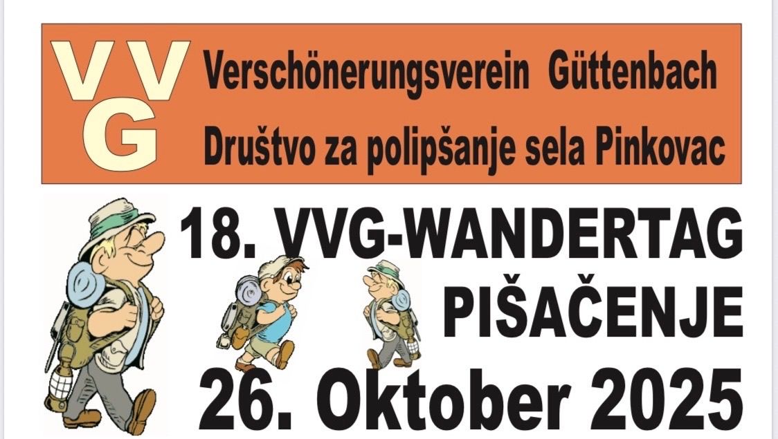 Plakat für die 18. VVG Wandert Pisáče Veranstaltung, geplant für den 26. Oktober. Das Plakat zeigt Illustrationen von wandernden Personen. Der Text ist eine Mischung aus Englisch und Slowenisch.