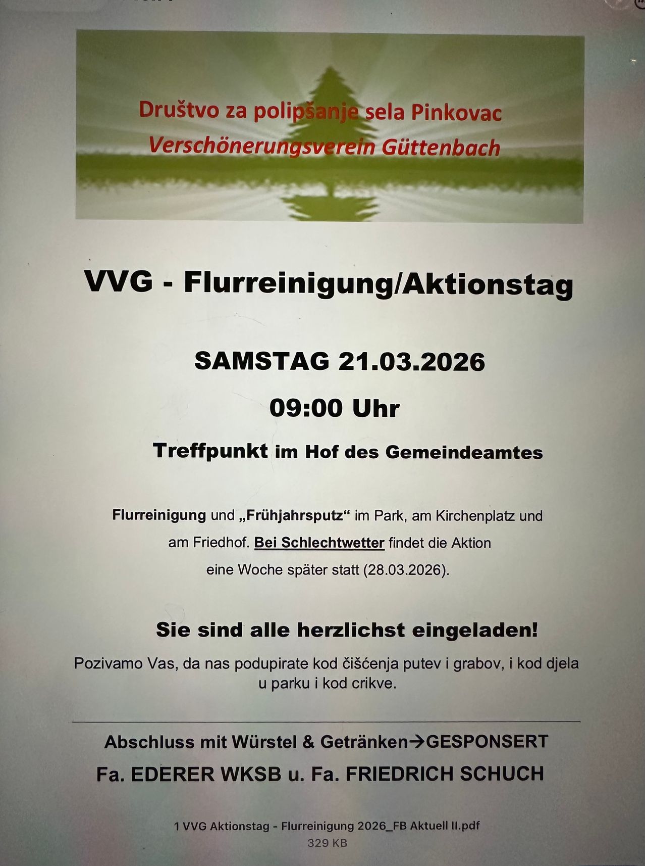 Plakat für VVG-Gutterreinigungsaktion. Geplant für Samstag, 21.03.2026 um 09:00 Uhr. Ort ist der Vorplatz des Gemeindeamtes. Bei schlechtem Wetter findet die Aktion eine Woche später statt (28.03.2026). Alle sind herzlich eingeladen.