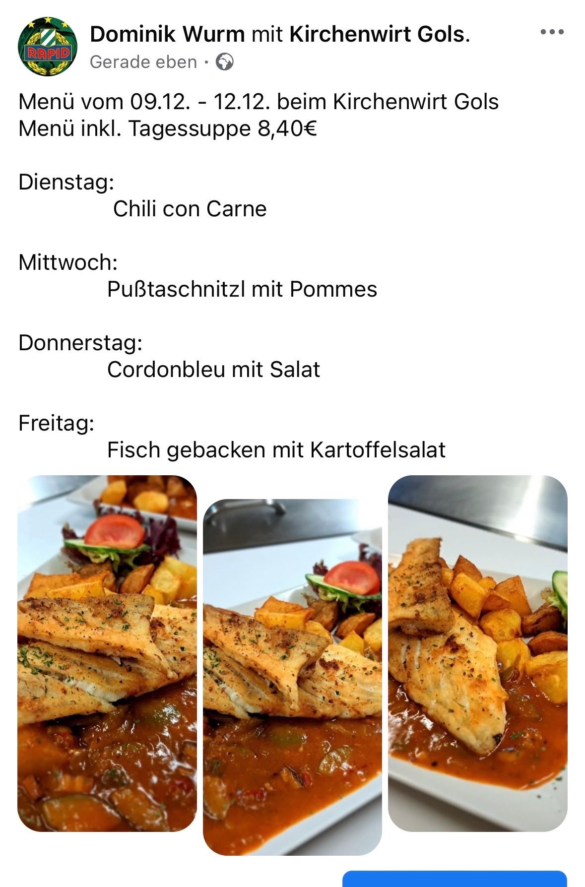 Weekly menu featuring a photo collage of dishes. Tuesday: Chili con Carne. Wednesday: Bratwurst with Pommes. Thursday: Cordon Bleu with Salad. Friday: Baked fish with potato salad.