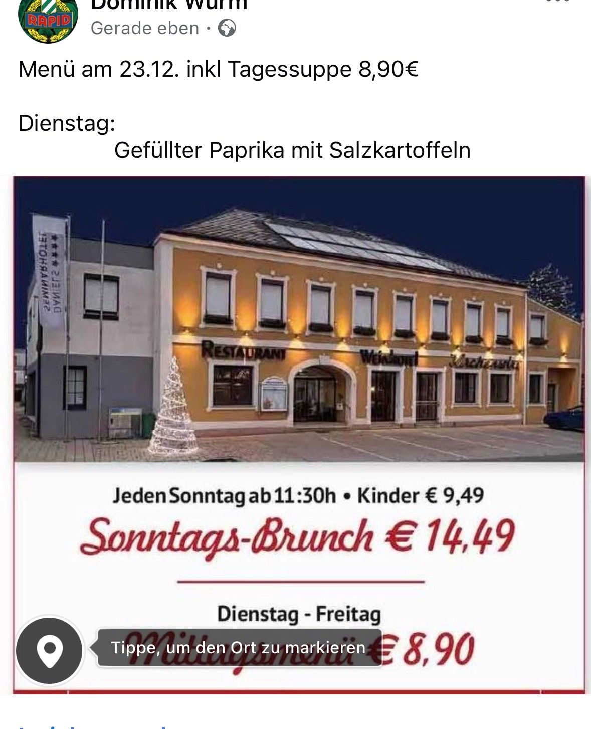 Ein Bild eines Restaurants mit einem Sonntagsbrunch-Menü. Das Menü bietet eine Suppe und Paprikagericht. Der Preis beträgt 14,49 Euro. Das Bild enthält auch einen Aufruf zum Markieren des Ortes.