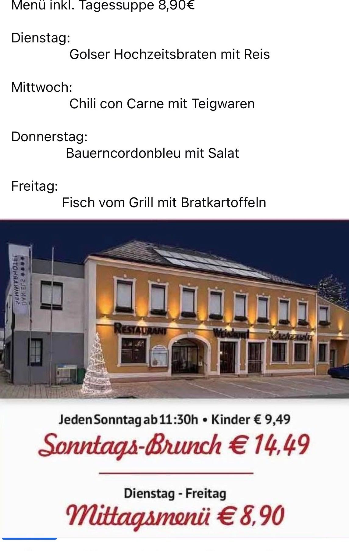 A restaurant named 'Weinland' with a Christmas tree in front. It offers meals such as 'Chill con Carne mit Teigwaren' on Thursday and 'Fisch vom Grill mit Bratkartoffeln' on Friday. There is a Sunday brunch starting at 11:30 AM.