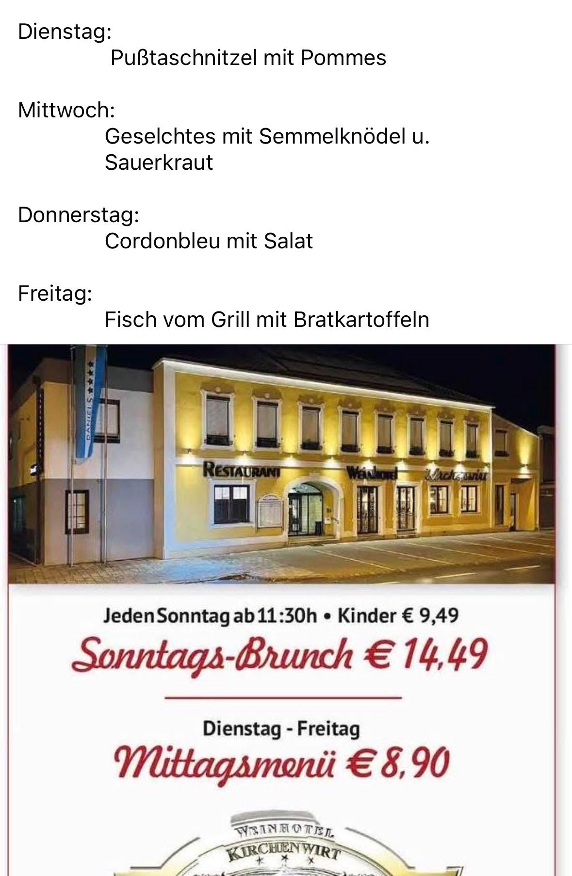 Eine Restaurant-Anzeige zeigt ein gelb beleuchtetes Gebäude mit 'Restaurant'-Schild, Wochenmenü für Donnerstag und Freitag und Sonntagsbrunch-Infos.