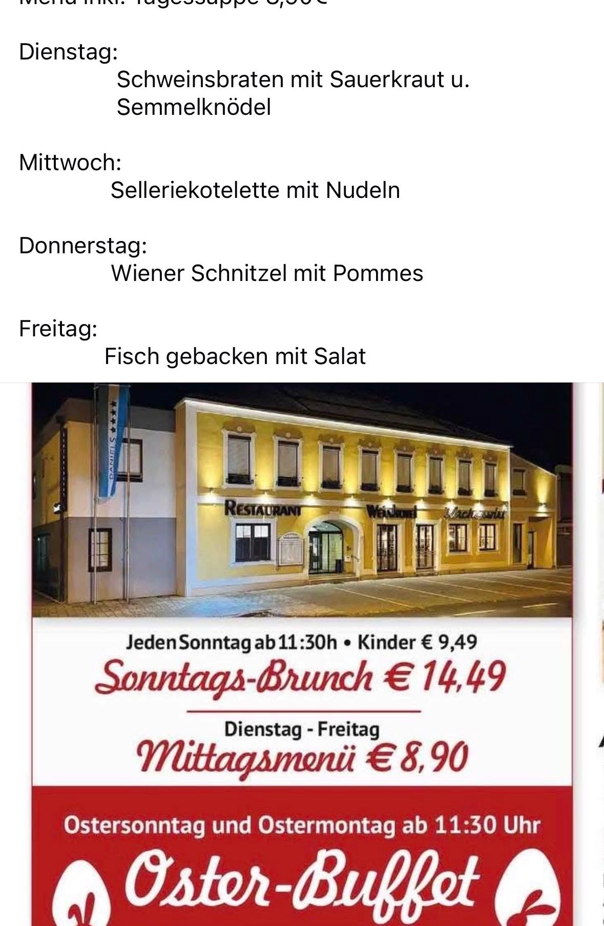 Ein Restaurant mit gelbem Außenbereich und Text, der 'RESTAURANT' lautet. Die Speisekarte für die Woche beinhaltet 'Sellerikotelette mit Nudeln' am Mittwoch, 'Wiener Schnitzel mit Pommes' am Donnerstag und 'Fisch gebacken mit Salat' am Freitag. Ein Sonntagsbrunch ist verfügbar.