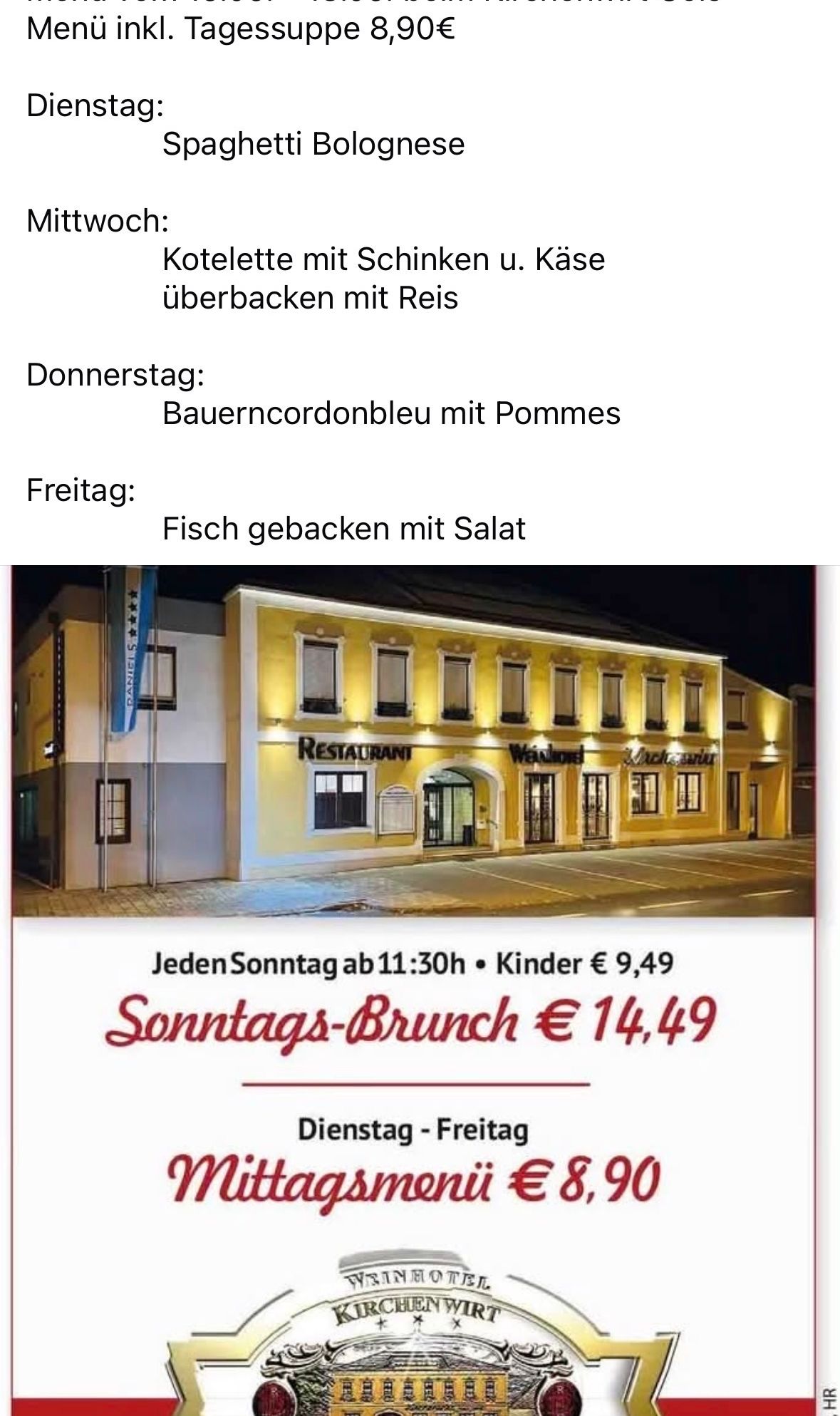 Ein Restaurant mit gelber Fassade und einer blauen Flagge davor. Der Text lautet 'RESTAURANT' und 'Jeden Sonntag ab 11:30h Kinder € 9,49 Sonntags-Brunch € 14,49'. Das Gebäude ist nachts gut beleuchtet.
