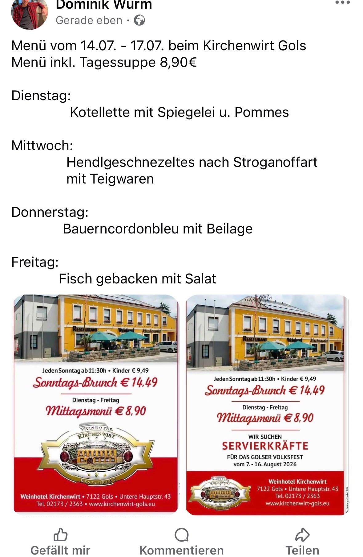 A weekly menu for a restaurant featuring dishes like pork chop with potatoes and salad, and a Sunday brunch for 14.49 euros. The restaurant is yellow with a red roof and has outdoor seating.