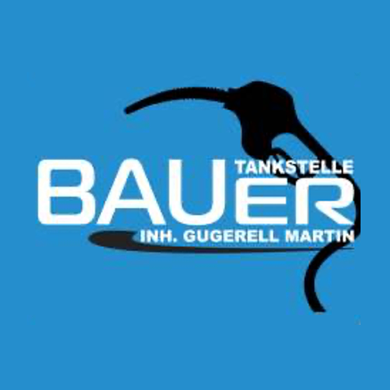 Das Bauer-Logo mit einem Zapfhahn wird auf einem blauen Hintergrund mit den Worten 'Tankstelle Bauer' und 'Inh. Gugerell Martin' angezeigt.
