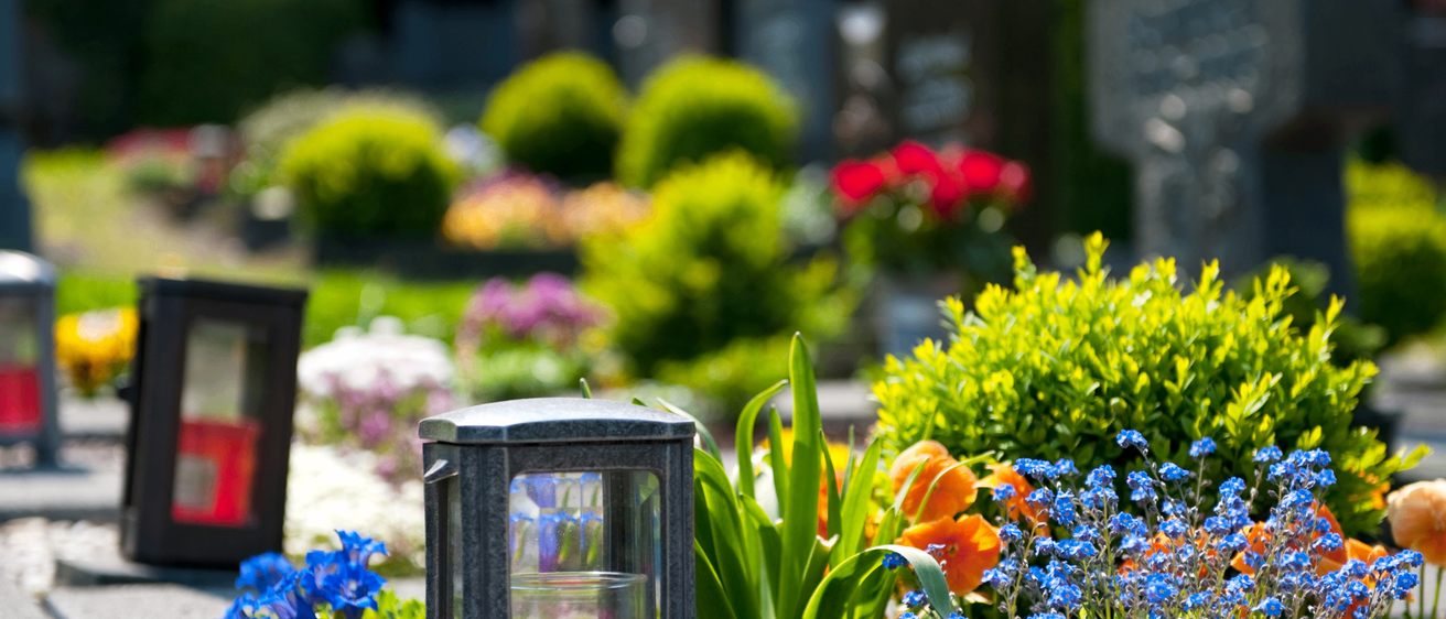 Ein Friedhof mit verschiedenen Blumen und einer roten Kerze in einer Laterne auf einem Grabstein.